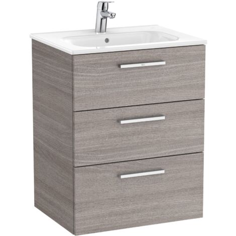 UNIK FAMILY - Meuble bas 3 tiroirs + lavabo - ROCA Coloris : Chêne City texturé - Dimensions : 605x453x741 mm