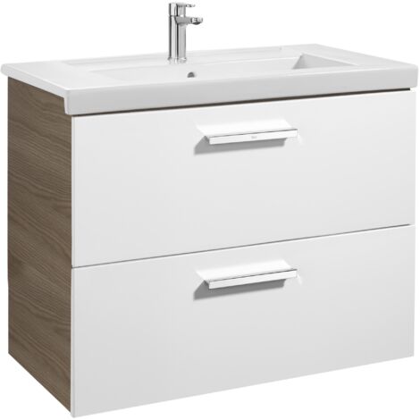 Unik mueble con dos cajones + lavabo PRISMA - ROCA Color: Blanco - Fresno - Medidas: 800x460x694 mm - Posición del lavabo: Central