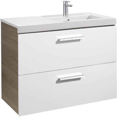 Unik mueble con dos cajones + lavabo PRISMA - ROCA Color: Blanco - Fresno - Medidas: 900x460x694 mm - Posición del lavabo: Derecha