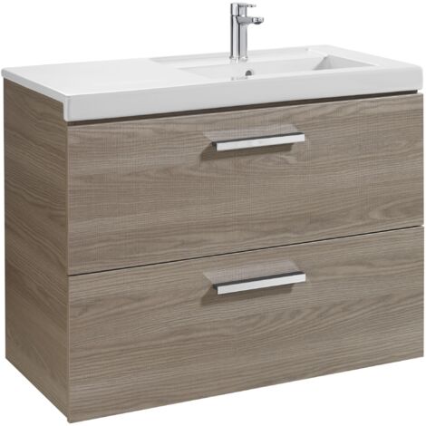 Unik mueble con dos cajones + lavabo PRISMA - ROCA Color: Blanco - Fresno - Medidas: 900x460x694 mm - Posición del lavabo: Izquierda
