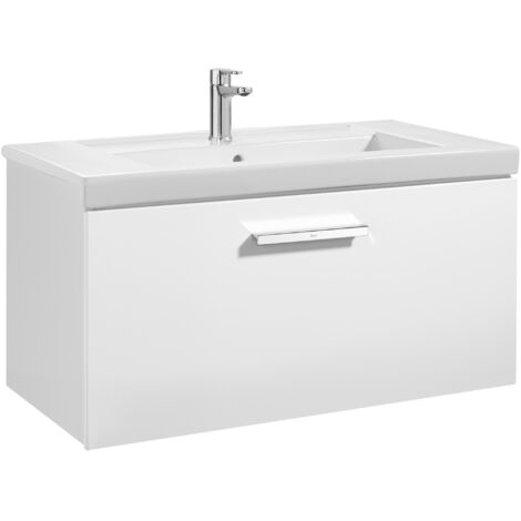Unik mueble con un cajón + lavabo PRISMA - ROCA Color: Blanco brillo - Medidas: 800x460x450 mm - Posición del lavabo: Central