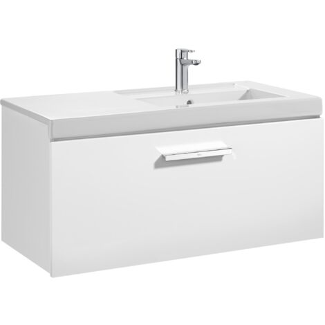 Unik mueble con un cajón + lavabo PRISMA - ROCA Color: Blanco brillo - Medidas: 900x460x450 mm - Posición del lavabo: Derecha