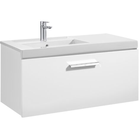 Unik mueble con un cajón + lavabo PRISMA - ROCA Color: Blanco brillo - Medidas: 900x460x450 mm - Posición del lavabo: Izquierda
