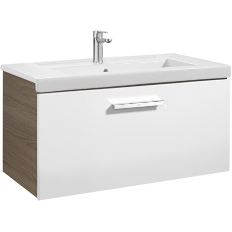 Unik mueble con un cajón + lavabo PRISMA - ROCA Color: Blanco - Fresno - Medidas: 800x460x450 mm - Posición del lavabo: Central