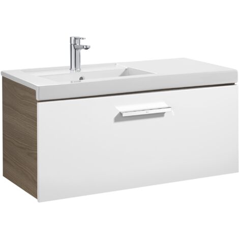 Unik mueble con un cajón + lavabo PRISMA - ROCA Color: Blanco - Fresno - Medidas: 900x460x450 mm - Posición del lavabo: Izquierda