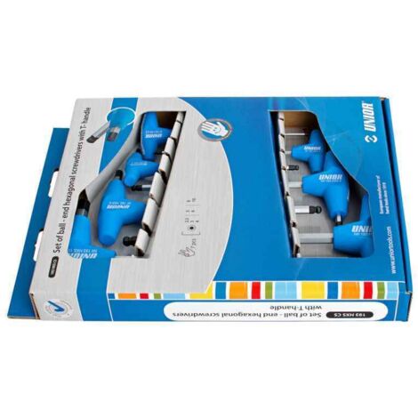 UNIOR 609337 - Juego de 7 destornilladores hexagonales esféricos con mango en T en caja de cartón de S2.5 a S10 mm