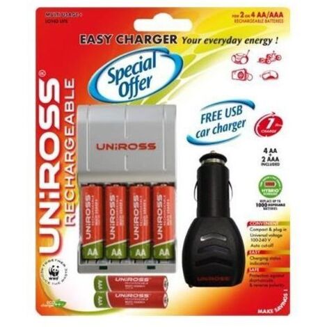 Uniross Caricabatteria Rapido 4 Stilo 2 Ministilo con Adattatore Auto Compatto