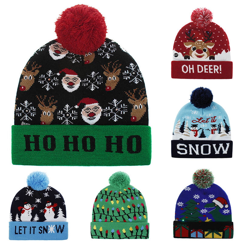 

Happyshopping - Unisex LED colorido iluminado gorro de Navidad gorro de punto gorro de fiesta de copo de nieve de cuerno de Papa Noel -3 modos