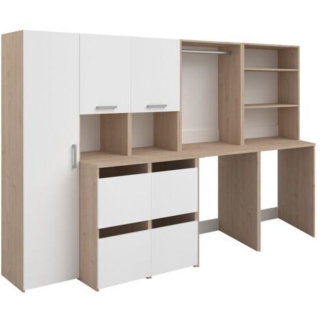 Unità per 2 lavatrici scaffali, appendiabiti, armadio e colonna natur. chiaro e Bianco L269xH184cm - ERKANO