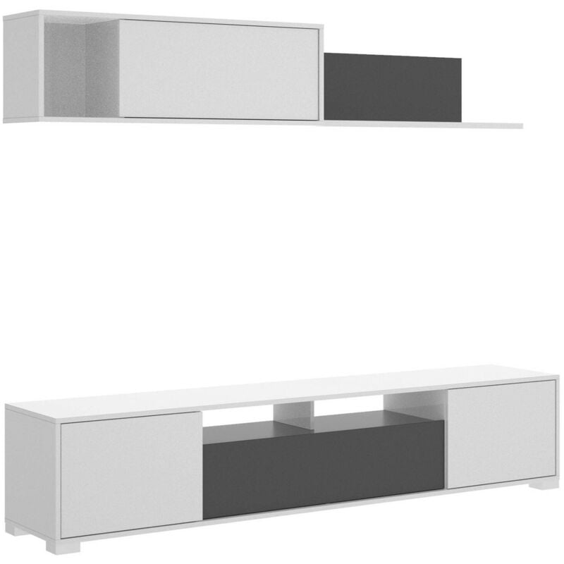 Dmora - Unité murale Gruf, Ensemble de salon meuble TV, Meuble de salon polyvalent, 200x41h180 cm, Blanc et Anthracite, avec emballage renforcé