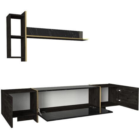 Unité TV Noir et Or avec Nombreux Rangements, 180x45x32,3 cm, Pour Salon Spacieux ou Bureau