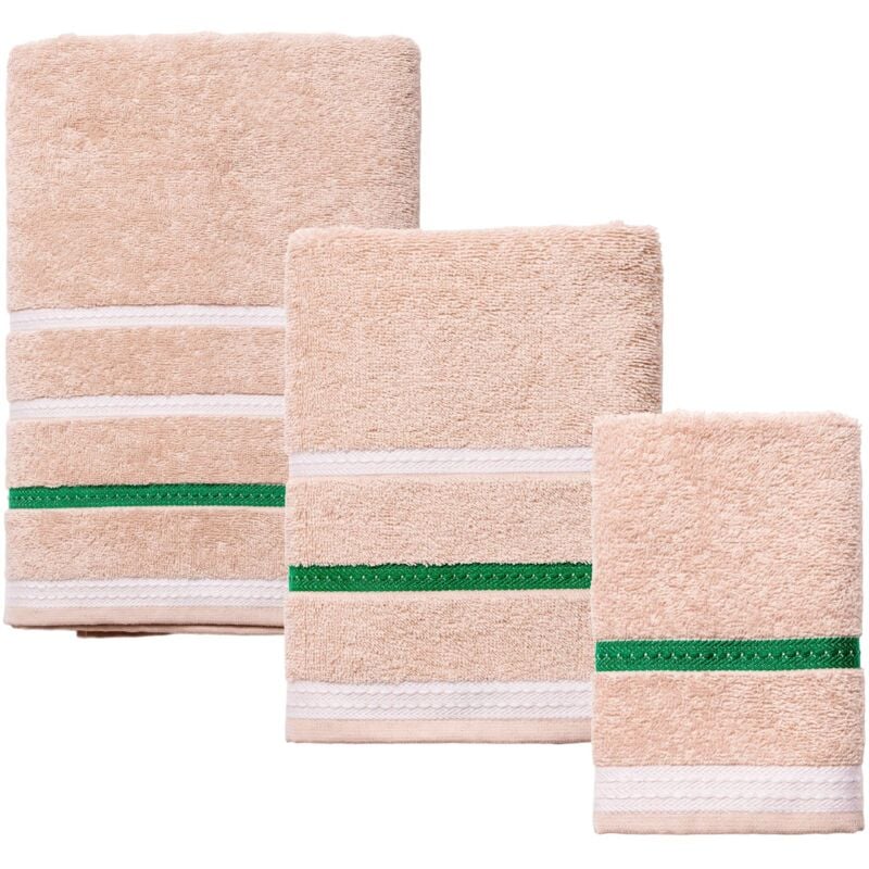 United Colors of Benetton Ensemble serviette de toilette + serviette mains + serviette de bain 450 g/m² 100% coton beige à rayures - Beige