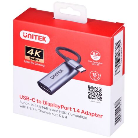 UNITEK Adaptador USB-C a DisplayPort 1.4 8K 60Hz - Portátil Mac iPad con entrada USB-C - Alta frecuencia de actualización de alta resolución - UltraHD - dos modos de visualización - Soporte HDCP 2.3 -