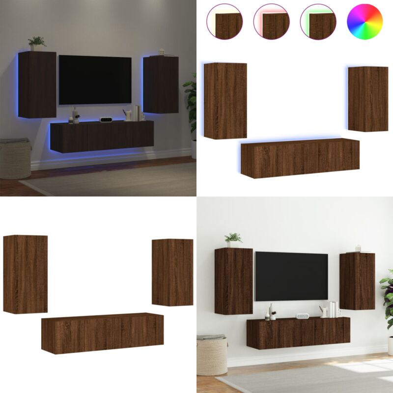 Unités murales TV avec LED 4 pcs chêne marron bois d'ingénierie - Meuble Tv Mural - Meuble Télé Suspendu - Étagère Murale - Éclairage Led Rgb
