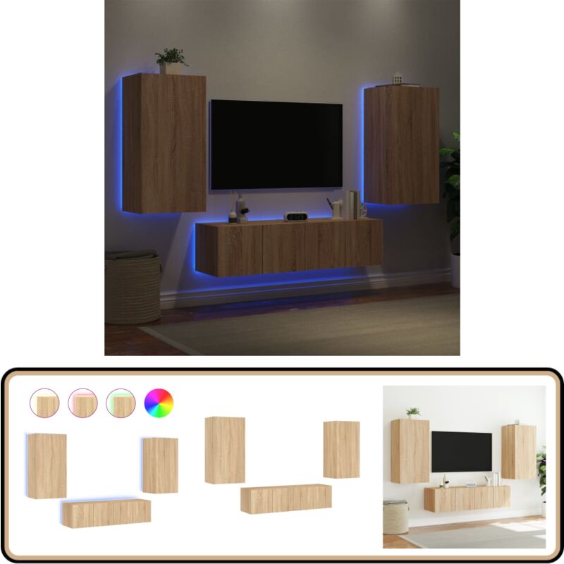 Vidaxl - Unités murales tv avec led 4 pcs chêne sonoma bois d'ingénierie - Meuble Tv Mural - Meuble Télé Flotante - Étagère Murale - Éclairage Led