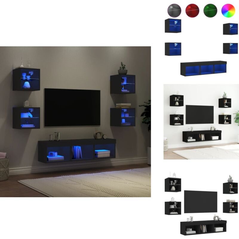 Vidaxl - Unités murales tv avec led 7 pcs noir bois d'ingénierie - Meuble Tv Mural - Meuble Télé Suspendu - Étagère Murale - Éclairage Led Rgb
