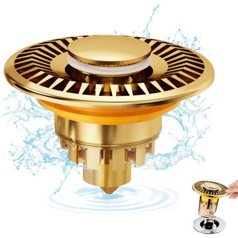 Universal Bathroom Sink Plug 32-43mm, Pop Up Drain Plug Universal, Up with Gaskets, Accelerates Drainage without Clogging, Anti-Odor for Bathroom Kitchen Tubs Sink (Gold)