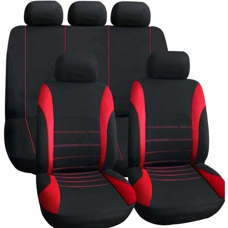 Universal Black Red Car Seat Covers, Car Interior Accessories, Sports Style Auto Seat Cushion, 9 Piece Full Set