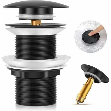 Universal black washbasin drain without overflow, automatic pop-up for countertop washbasin.