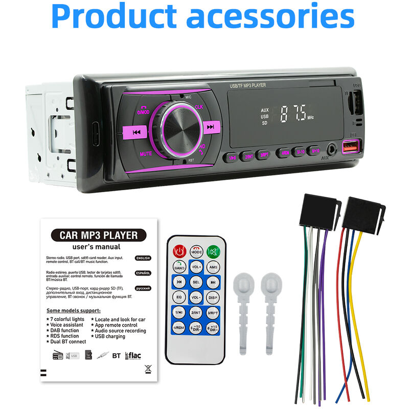 Autoradio Stéréo Numérique, Bluetooth, Lecteur MP3, 60W x 4, FM, Audio,  Musique, USB/SD, avec Entrée AUX dans le Tableau de Bord, 1 Din