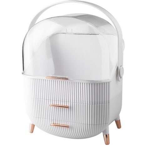 Universal cosmetic storage box, sun protection, transparent dust cover, large capacity, with drawer, with handle, plastic/acrylic material, white