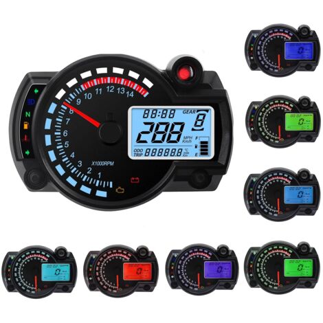 Universal Motorcycle Speedometer 7 Colors 14000RPM LCD Digital RX2N Odometer Speedometer Instrument Adjustable Odometer Tachometer with Speed Sensor 0-300km/h