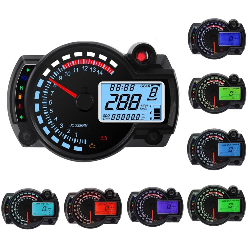 Universal Motorcycle Speedometer 7 Colors 14000RPM LCD Digital RX2N Odometer Speedometer Instrument Adjustable Odometer Tachometer with Speed Sensor