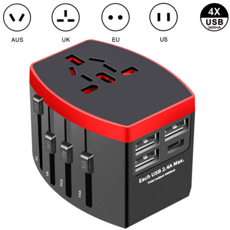 Universal-Reiseadapter, internationaler Universalstecker mit 4 USB-Anschlüssen, 4-in-1-USB-Ladegerät für USA, Großbritannien, Australien, Japan, Italien und China, weltweit einsetzbar in 224 Ländern u