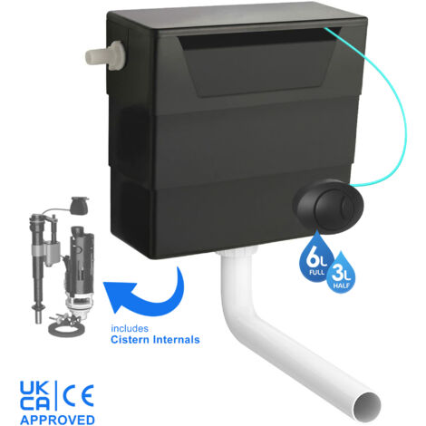 Universal Side Entry Concealed Toilet Cistern WC with Dual Flush Matt Black Push Button - Includes WRAS Internals & Pipe