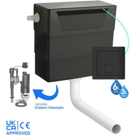 Universal Side Entry Concealed Toilet Cistern WC with Dual Flush Matt Black Square Button - Includes WRAS Internals & Pipe