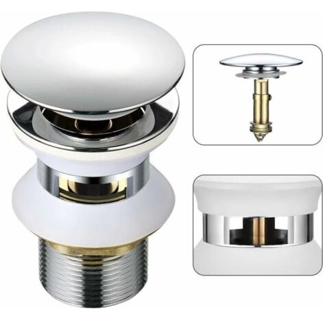 Universal sink drain with overflow, pop-up, automatic push-open click-clack for bathrooms, 1-1/4 chrome brass