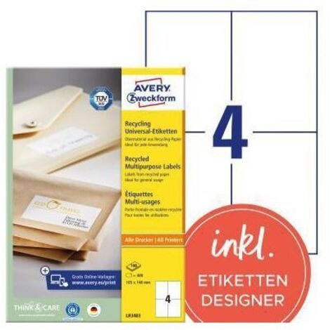 Universaletikett Recycling 105 x 148 mm (B x H) nicht wieder ablösbar 100 % Altpapier naturweiß 400 Etik./Pack.