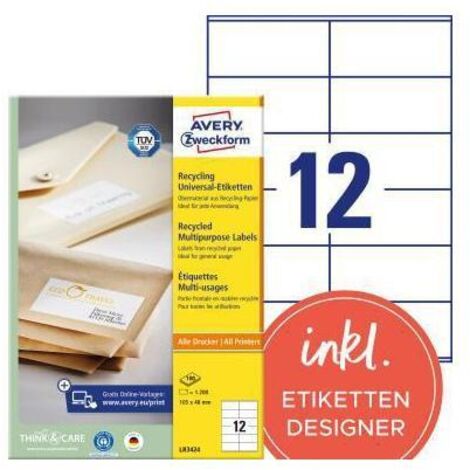 Universaletikett Recycling 105 x 48 mm (B x H) nicht wieder ablösbar 100 % Altpapier naturweiß 1.200 Etik./Pack.