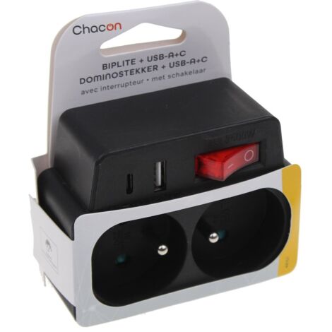 Universeel - domino 2x16a con usba+usbc e interruptor - negro - 48151 - 5411478481515