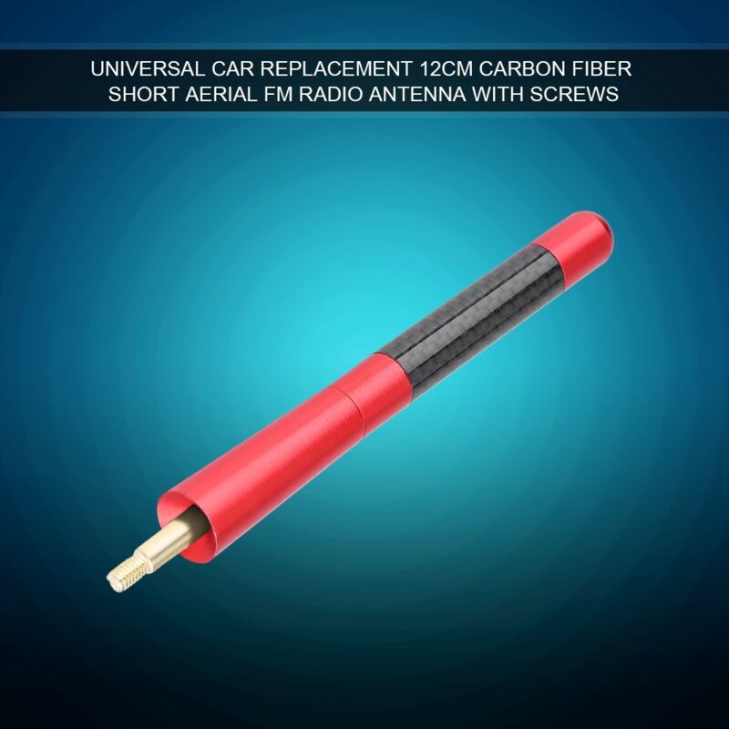 Image of Universelle 12 cm kurze Carbonfaser-Antenne für FM-Radios im Auto mit roter Schraube.