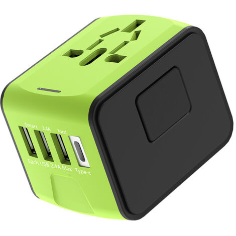 Universeller internationaler Reiseadapter mit 3 USB- und 1 USB-C-Anschluss, 1500 W, französischer Stecker für USA, Kanada, Großbritannien, EU, Australien, China und Japan