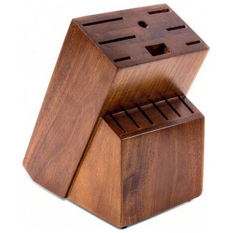 Universeller Messerblock aus Holz mit 14 Fächern, ideal zur Aufbewahrung und Organisation von Büro- oder Schneidemessern. Maße: 15 x 13,4 x 22 cm