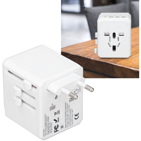 Universeller Reiseadapter mit 3 USB-A- und 1 USB-C-Anschluss – Leiser und tragbarer Spannungswandler für Haartrockner und elektronische Geräte – Weiß