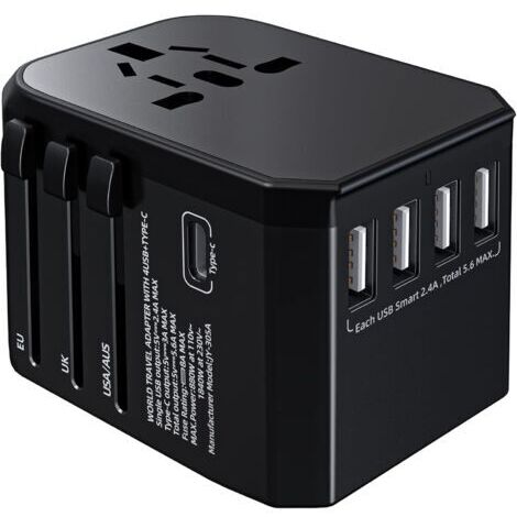 Universeller Reiseadapter mit 4 USB-Anschlüssen und 3,0-A-Schnellladefunktion (Typ C)