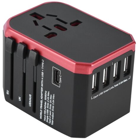 Universeller Reiseadapter mit 4 USB-Anschlüssen und Typ-C-Buchsen – kompatibel mit US/AU/GB/EU (Rot)