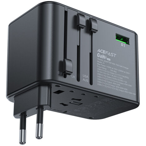Universelles GaN-Reiseladegerät 2x USB-A 3x USB-C Stecker UK EU USA AUS Schwarz