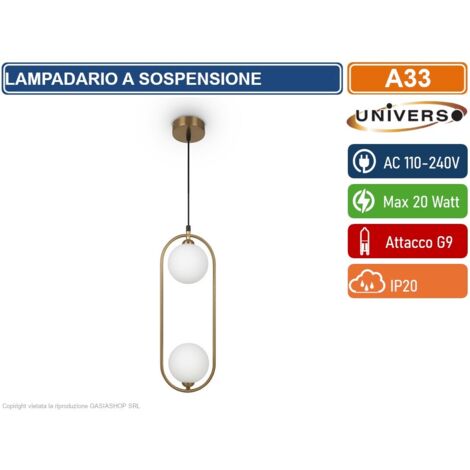 UNIVERSO A33 LAMPADARIO A SOSPENSIONE MINIMAL FORMA OVALE CON 2 ATTACCHI G9 POTENZA 20W COLOR ORO CON 2 SFERE OPACHE