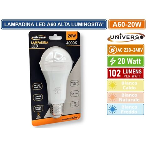 UNIVERSO A60-20W LAMPADINA SMD LED E27 20W BULB A60 2050 LUMEN - 3000K - 4000K - 6500K - Colore Luce:Bianco Freddo