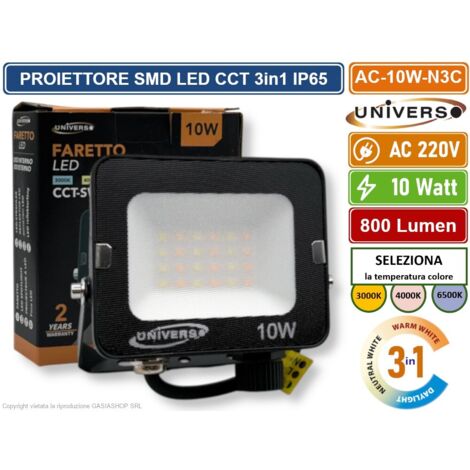 UNIVERSO AC-10W-N3C FARO PROIETTORE SMD LED FLOODLIGHT 10W SLIM IP65 COLORE NERO CCT 3in1 COLORE LUCE SELEZIONABILE