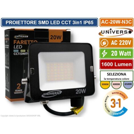 UNIVERSO AC-20W-N3C FARO PROIETTORE SMD LED FLOODLIGHT 20W SLIM IP65 COLORE NERO CCT 3in1 COLORE LUCE SELEZIONABILE