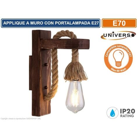 UNIVERSO APPLIQUE VINTAGE COUNTRY RETRO' DA PARETE IN CORDA E LEGNO CON PORTALAMPADA PER LAMPADINE E27