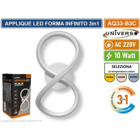 UNIVERSO AQ33-B3C APPLIQUE LAMPADA LED FORMA AD INFINITO MOTAGGIO A PARETE 10W COLORAZIONE LUCE 3IN1 CCT 3000K - 4000K - 6500K