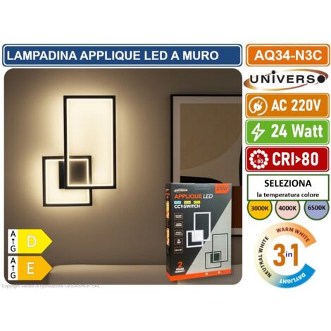 UNIVERSO AQ34-N3C APPLIQUE LED A MURO NERA 24W FORMA GEOMETRICA RETTANGOLARE CON SWITCH CCT PER SELEZIONE LUCE 3000K/4000K/6500K