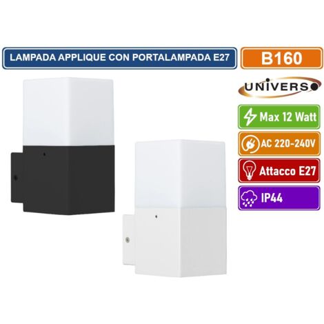UNIVERSO B160 PORTALAMPADA APPLIQUE DA GIARDINO WALL LIGHT DA MURO QUADRATO PER LAMPADINE E27 COLORE BIANCO - NERO - Colore Struttura:Nero