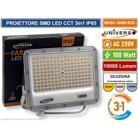 UNIVERSO BK05-100W-B3C FARO PROIETTORE SMD LED FLOODLIGHT 100W SLIM IP65 COLORE BIANCO CCT 3in1 COLORE LUCE SELEZIONABILE